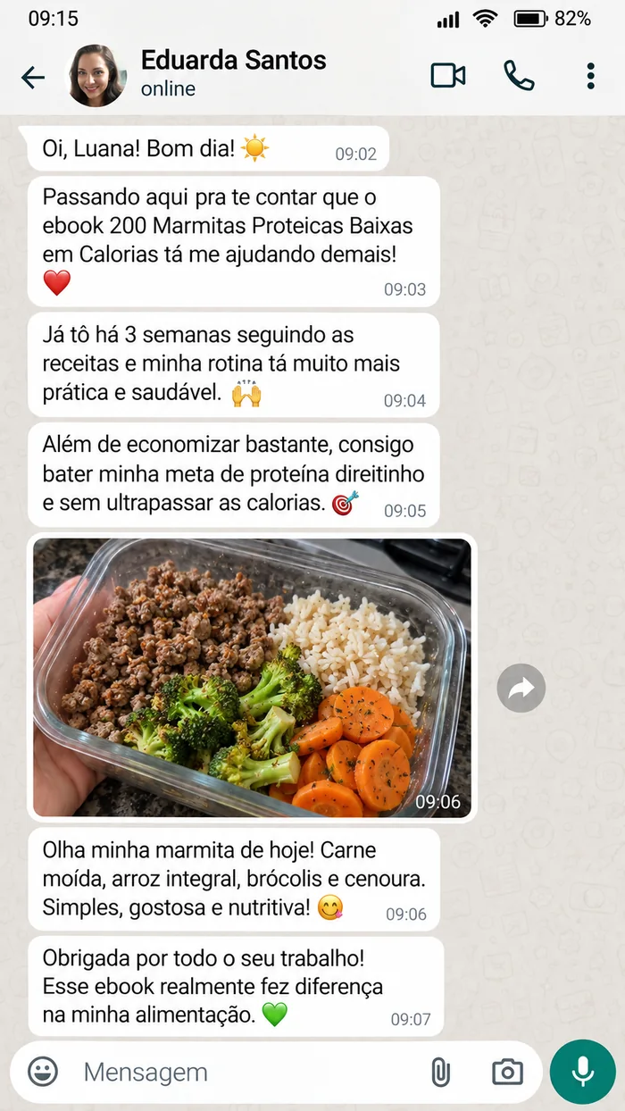 Depoimento enviado de Eduarda Santos sobre marmitas proteicas