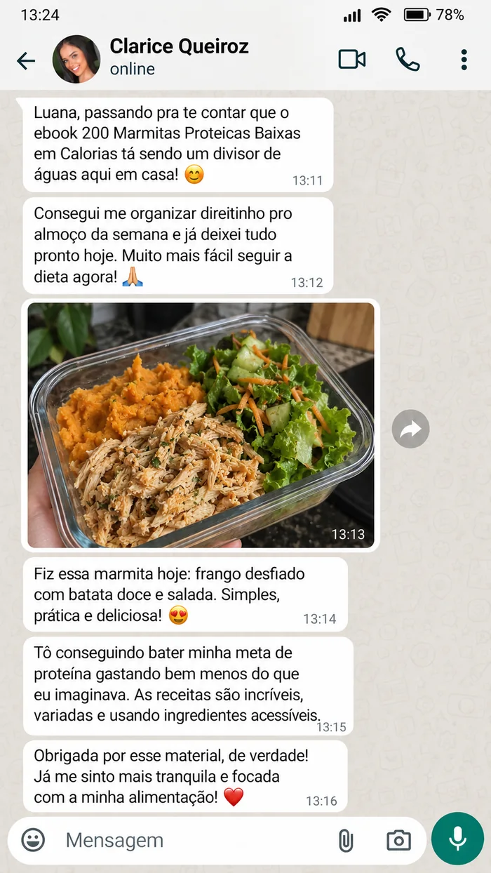 Depoimento enviado de Clarice Queiroz sobre marmitas proteicas