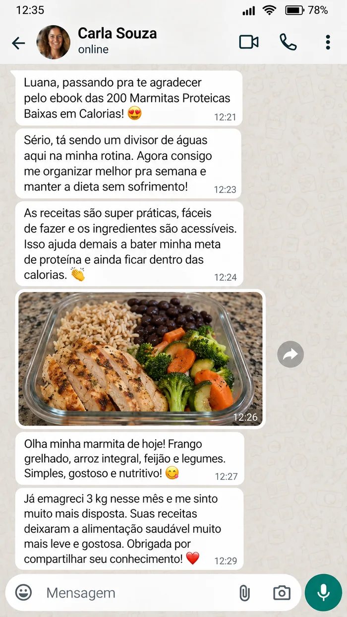 Depoimento enviado de Carla Souza sobre marmitas proteicas