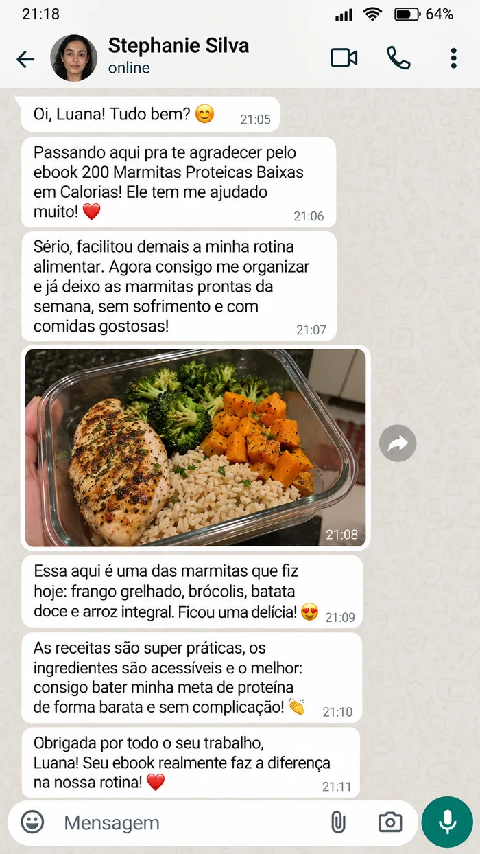 Depoimento enviado de Stephanie Silva sobre marmitas proteicas