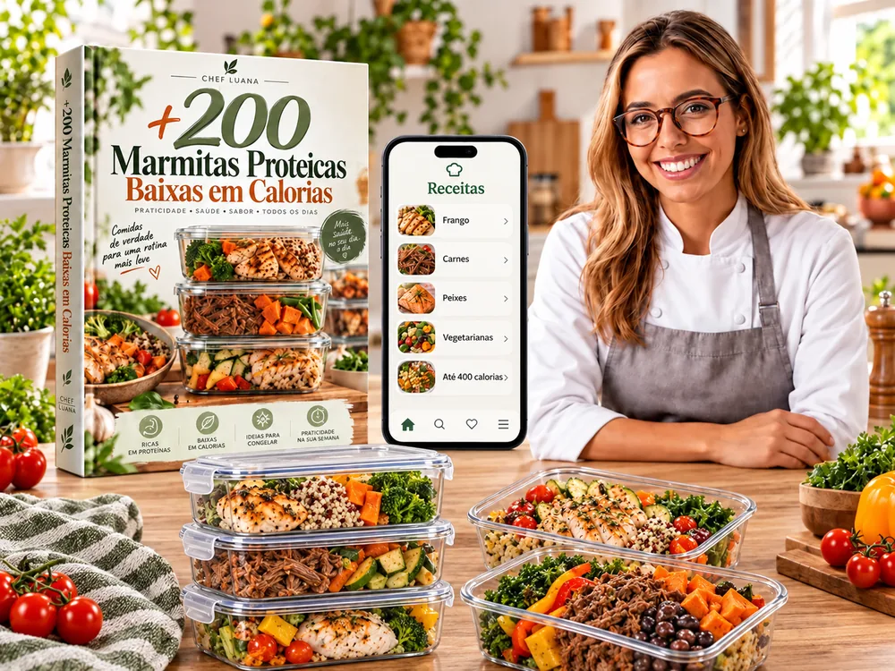 Livro de marmitas proteicas, aplicativo de receitas, Chef Luana e marmitas fechadas empilhadas na bancada